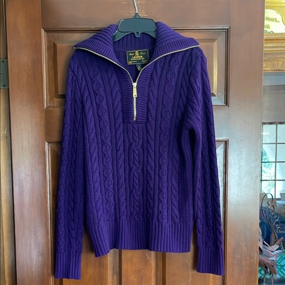 Ralph Lauren black label cotton half zip sweater, Purple Cable Knit size medium